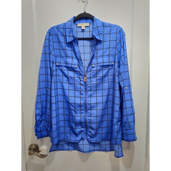 Michael Kors Women's Blue Plaid Zipper Front Blouse Size Medium - Picture 3 of 15